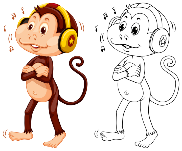 isolated,white,clipping,path,object,wildlife,animal,nature,creature,living,mammal,exotic,tropical,doodle,drafting,outline,coloring,template,worksheet,listen,music,entertainment,monkey,ape,illustration,graphic,picture,clipart,clip-art,clip