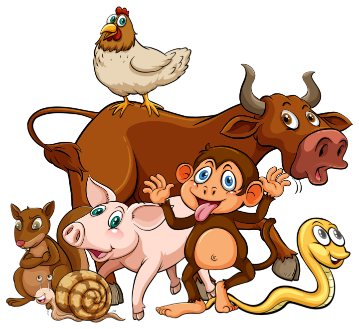 illustration,graphic,drawing,cartoon,picture,clipart,isolated,on white,white,white background,wild,wildlife,wilderness,animal,nature,creature,living,mammal,exotic,tropical,carnivore,natural,endangered,character,cow,ox,monkey,ape,chicken,hen