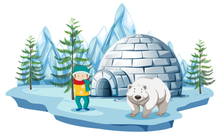 Free: Arctic scene with boy and polar bear by igloo 