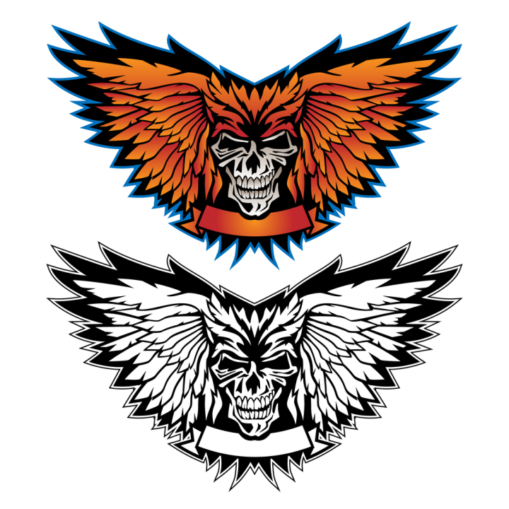 skull,wing,logo,feathers,emblem,black,white,orange,red,blue,biker,heavy,hard,core,banner,evil,dark,fire,mean,aggressive,isolated,metal,rock,design,drawing,feather,spread,fly,bones,winged