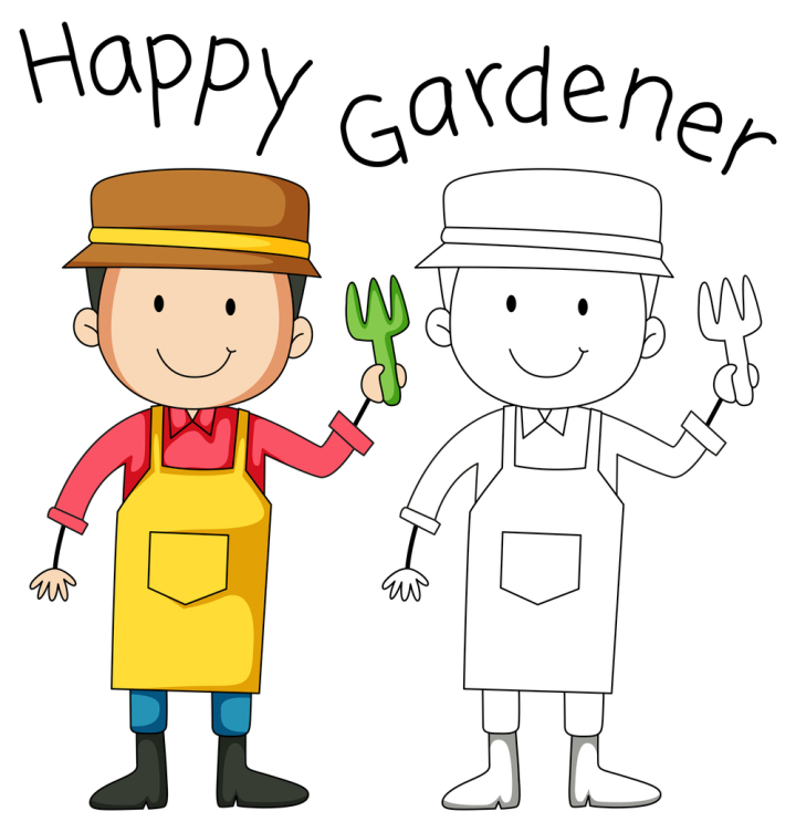 doodle,character,illustration,drawing,cartoon,art,cheerful,design,artwork,isolated,vector,garden,gardener,plant,tool,equipment,apron,man,young,gardening,fork,outline,line,graphic,picture,clipart,clip-art,clip,background,image