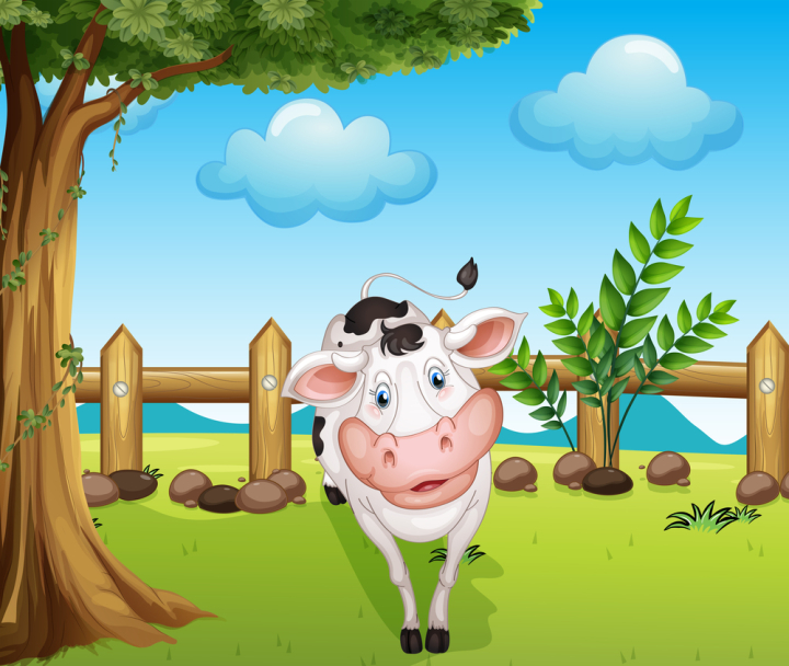 illustration,drawing,image,graphic,cow,animal,horn,poll,face,nose,muzzle,shoulder,knee,fetlock,pastern,coffin,hock,hoof,fence,stone,wooden,tree,vine,plants,grass,green,sky,blue,clouds,scene
