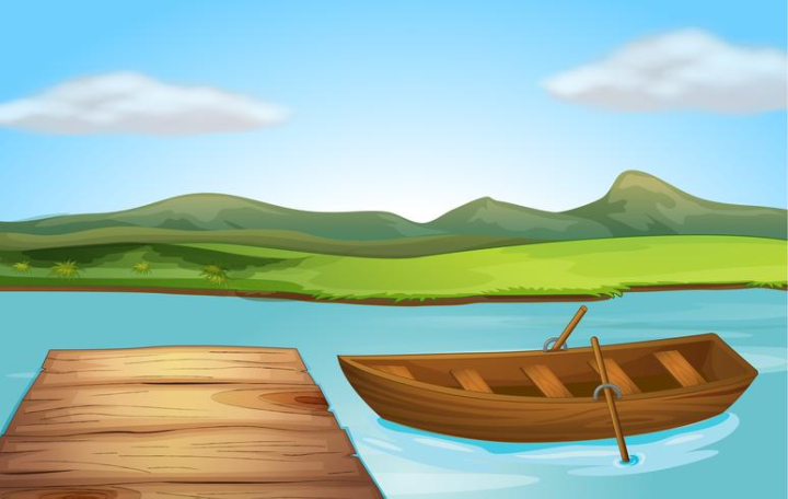 illustration,graphic,drawing,cartoon,colorful,nature,river,pond,lake,water,bank,leaves,leaf,green,greenery,lawn,grass,mountain,hills,sky,blue,cloud,landscape,flow,flowing,steam,bench,wood,wooden,boat