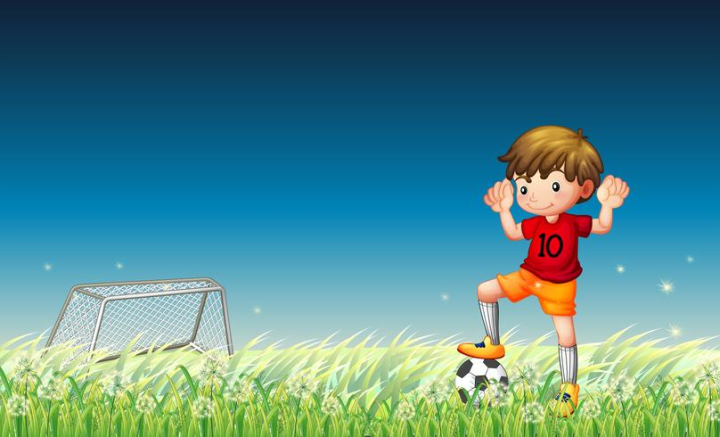 illustration,drawing,image,graphic,boy,male,man,gentleman,young,child,kids,little,human,person,soccer,game,sports,playing,ball,numbers,ten,socks,shoes,weeds,grass,plant,leaves,green,sky,blue