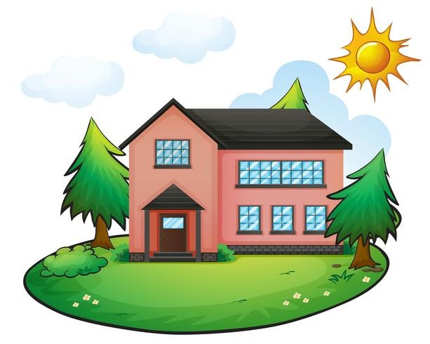 illustration,graphic,drawing,cartoon,nature,scene,scenery,landscape,farm,outdoor,plant,tree,lawn,shrubs,grass,green,blue,sky,cloud,wood,wooden,material,house,shelter,construction,big,pink,window,door,close