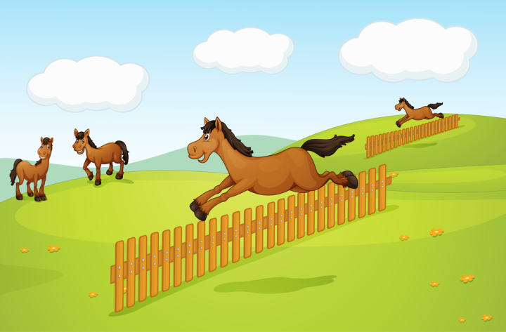 illustration,drawing,image,graphic,horse,animals,jumping,brown,flower,green,sky,blue,clouds,field,land,wood,wooden,tail,hair,shadow,mountain,hills,grass,hock,shank,shoulder,loin,hoof,crest,eyes