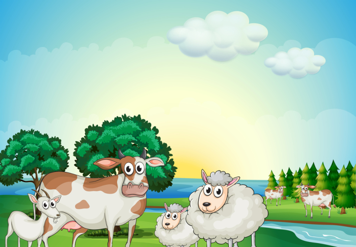 illustration,drawing,image,graphic,cartoon,nature,natural,resources,gift,environment,surrounding,ecosystem,outdoor,outside,daytime,animals,four-legged,herbivorous,herbivores,sky,blue,clouds,white,sunrise,sun,rising,cow,sheeps,goat,milking