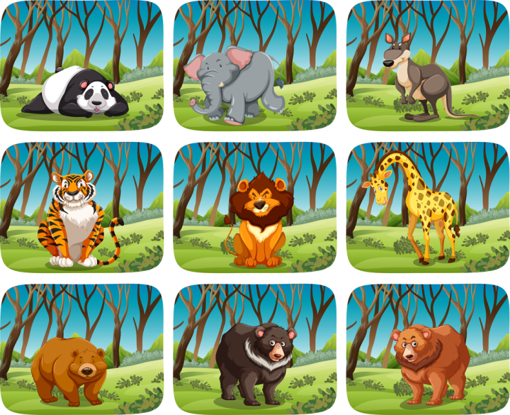 Set of isolated jungle animals and tropical plants