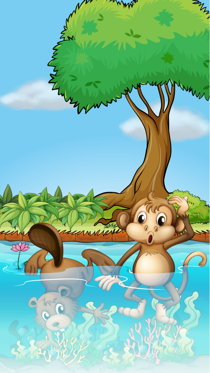 illustration,drawing,image,graphic,beaver,monkey,ape,mammal,animal,eyes,nose,mouth,ears,hands,tail,legs,belly,river,pond,underwater,corals,reefs,flower,grass,leaves,tree,sky,green,blue,clouds