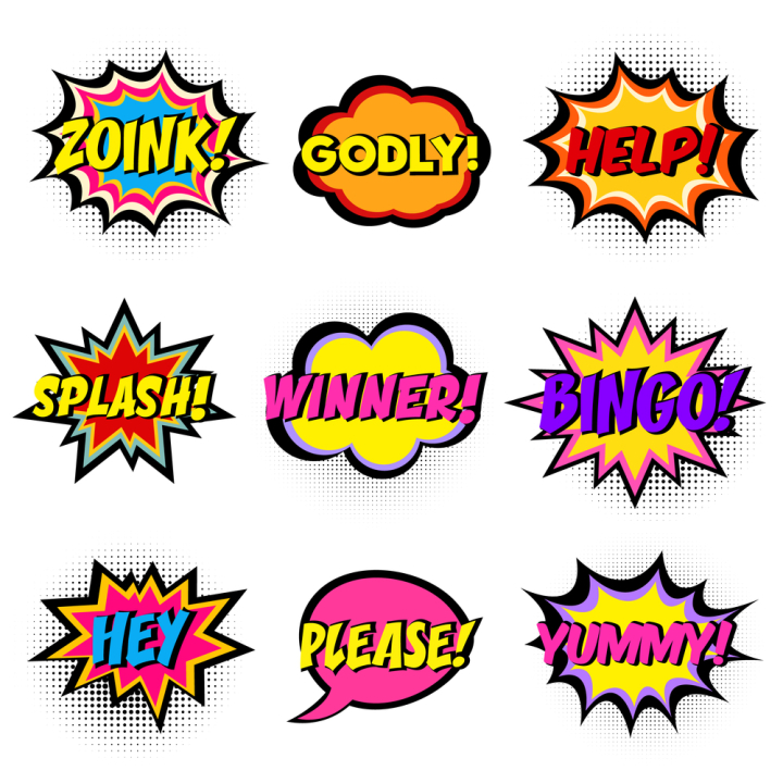 yummy,please,hey,bingo,winner,splash,help,godly,zoink,comic book,comic book style,comic,pop,book,cartoon,speech,bubble,sound,background,text,vector,boom,pow,word,expression,illustration,set,style,icon,balloon