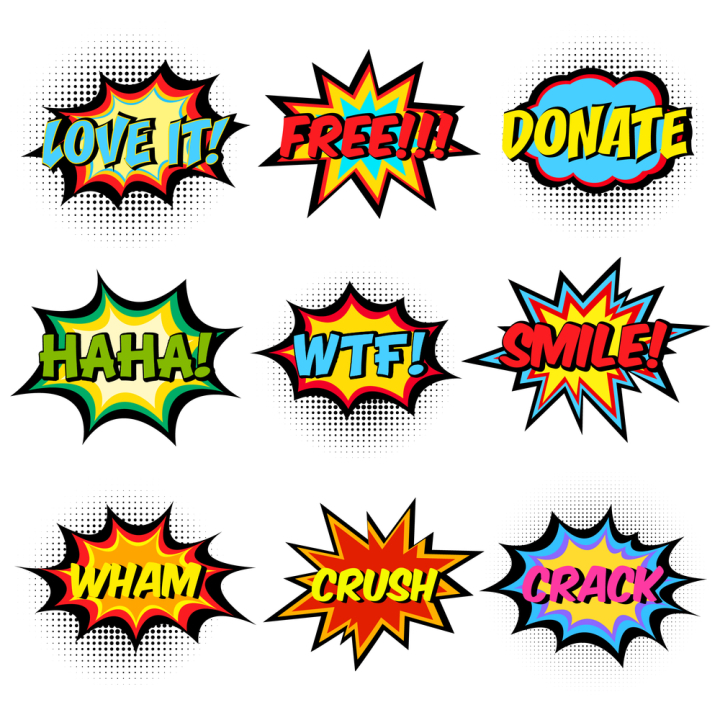 crack,crush,wham,smile,wtf,donate,free,love it,comic book,comic book style,comic,art,pop,book,cartoon,speech,bubble,sound,background,text,vector,boom,pow,word,expression,illustration,set,style,icon,balloon