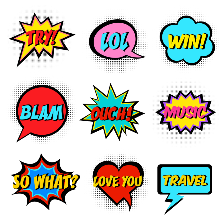 travel,love you,so what,music,ouch,blam,win,lol,try,comic book,comic book style,comic,pop,book,cartoon,speech,bubble,sound,background,text,vector,boom,pow,word,expression,illustration,set,style,icon,balloon