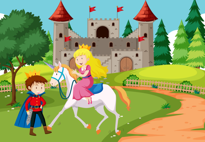 cloud,castle,tower,isolated,story,illustration,tale,fairy,vector,cartoon,fantasy,background,cute,character,drawing,girl,magic,prince,princess,fairy tale,fairytale,happy,icon,animal,queen,color,child,costume,ride,riding