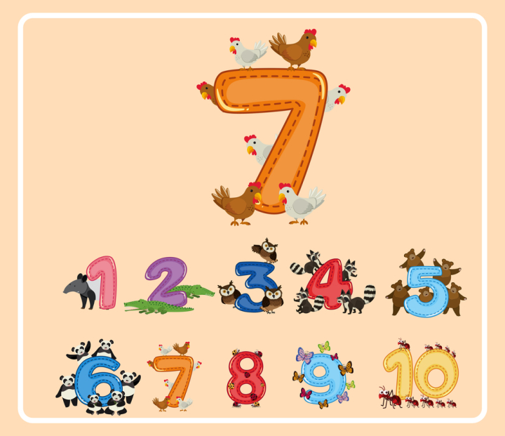 number,letter,digit,count,counting,countable,math,mathematics,seven,one,two,three,four,five,six,eight,nine,ten,chicken,tapir,crocodile,owl,raccoon,bear,panda,butterfly,bug,ant,illustration,graphic