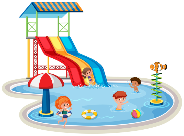 pool,vector,illustration,park,water,summer,vacation,travel,background,icon,fun,design,outdoor,cartoon,set,happy,leisure,swim,slide,isolated,kids,girl,boy,children,inflatable ring,graphic,picture,clipart,clip-art,clip