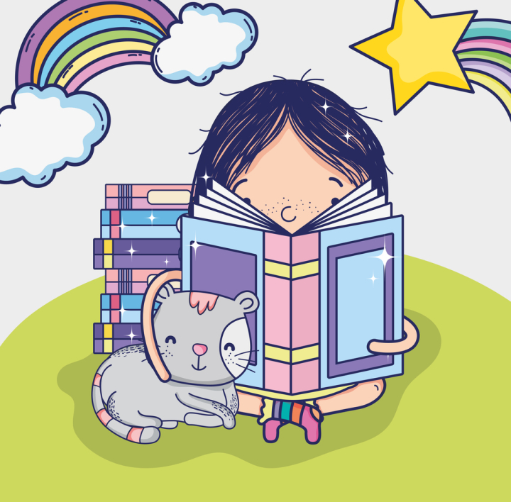 cute,books,nature,cat,landscape,rainbow,sky,story,vector,education,illustration,study,character,school,kid,isolated,happy,student,child,artwork,read,activity,teacher,kindergarten,woman,imagination,story time,learning,library,fun