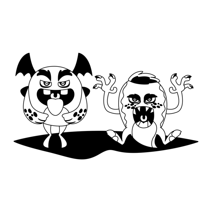 monsters,animals,funny,aliens,couple,wings,fly,flying,monochrome,black,white,friends,friendly,pair,comic,trolls,scary,beasts,furry,little,ugly,mascots,happy,smile,toys,angry,creatures,characters,halloween,vector