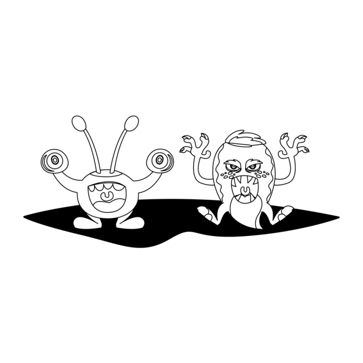 monsters,animals,funny,aliens,eyes,bulging,couple,monochrome,black,white,friends,friendly,pair,comic,trolls,scary,beasts,furry,little,ugly,mascots,happy,smile,toys,angry,creatures,characters,halloween,vector,illustration