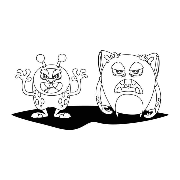 monsters,animals,funny,aliens,couple,monochrome,black,white,friends,friendly,pair,comic,trolls,scary,beasts,furry,little,ugly,mascots,happy,smile,toys,angry,creatures,characters,halloween,vector,illustration,bizarre,expression
