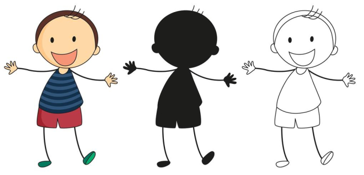 Free: A set of happy boy in color, silhouette and outline 