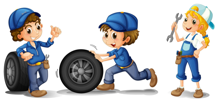 illustration,drawing,graphic,image,isolated,white,background,cartoon,girl,boy,human,young,little,children,kids,mechanic,mechanical,rescue,repair,help,helping,replace,replacement,tire,wheel,round,wrench,tool,equipment,cap