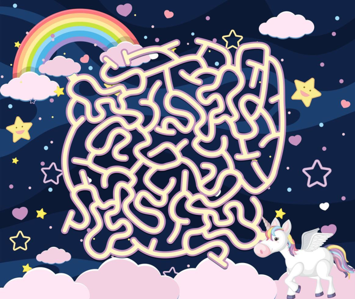 puzzle,maze,game,vector,illustration,search,education,isolated,character,template,play,activity,solution,path,complicated,mystery,concept,night,sky,star,unicorn,rainbow,cloud,cute,graphic,clipart,fun,drawing,picture,route