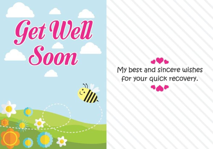 get well,get well soon,get well soon card,cute landscape,landscape,happy,cute,day,bee,flying bee,flowers,happy bee,hills,clouds,blue background,sunny day,beautiful day,get well soon background,get well soon wallpaper,message,wishes,best wishes,short message,hearts,little hearts,heart shape,card,insect,fly,cartoon