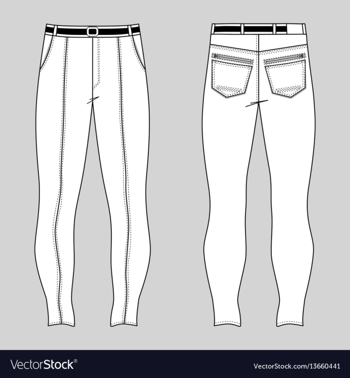 Skinny Jeans Denim pants technical fashion illustration with full length,  normal waist, high rise, curved, coin,