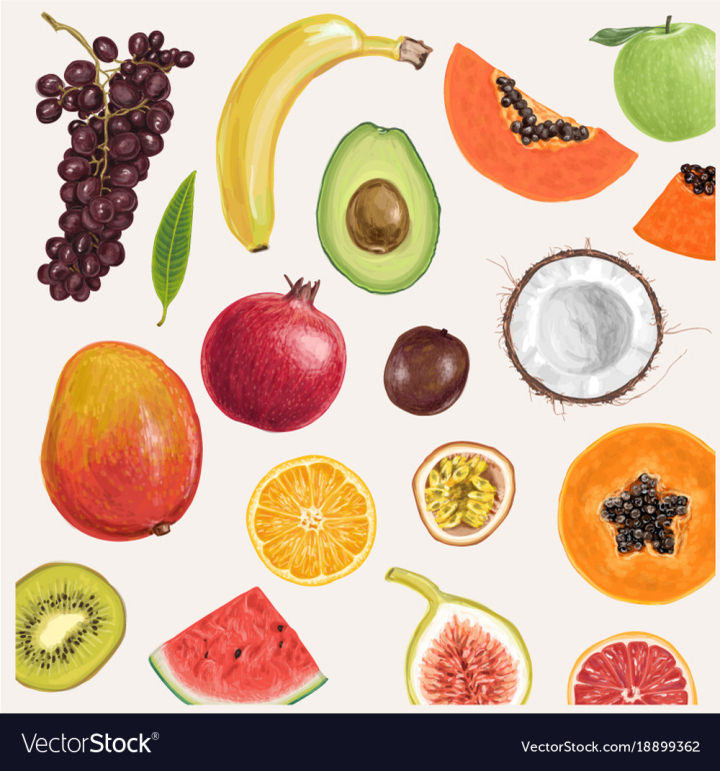 Poster Summer background seamless pattern with fruits. Hand drawing ele -  PIXERS.US