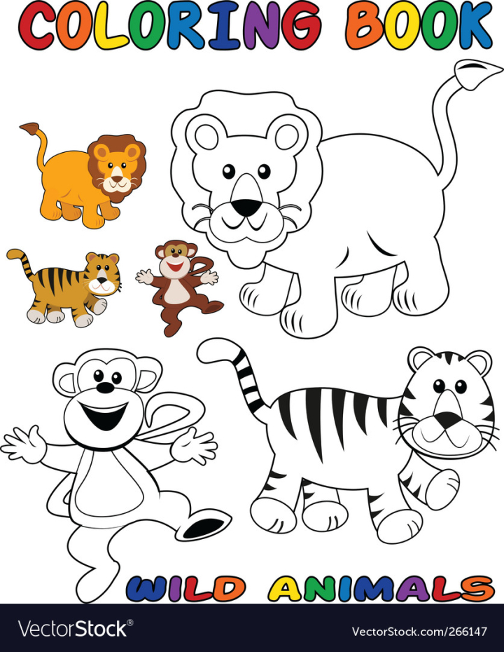 vectorstock,Coloring,Book,Tiger,Animal,Animals,Lion,Cartoon,Wild,Drawing,Monkey,Color,Draw,Happy,Design,Nature,Layout,Look,African,Africa,Funny,Contour,Isolated,Mammal,Happiness,Neck