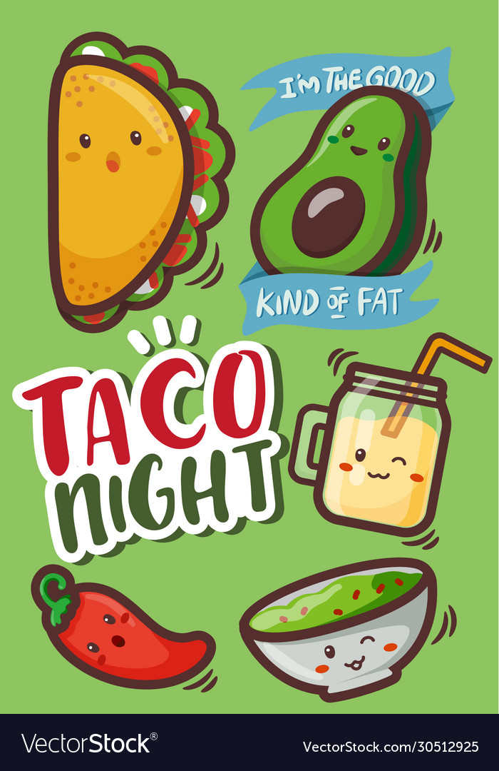 vectorstock,Taco,Traditional,Mexican,Food,Mexico,Characters,Tuesday,Chili,Avocado,Healthy,Dish,Tortilla,Expression,Lettuce,Salad,Spicy,Lemonade