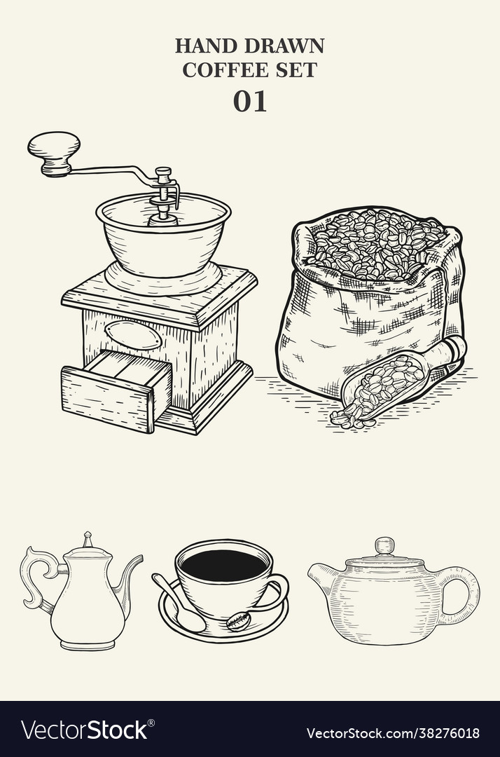 Drawn,Hand,Drawing,Coffee,Set,Vector,Vintage,Drink,Mug,Collection,vectorstock