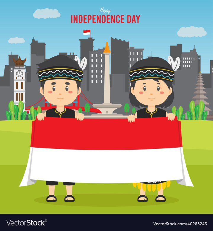 Day,Independence,Background,Flat,Cartoon,Character,Vector,Smiling,Indonesia,Concept,Isolated,Happy,Boy,Banner,Red,Template,Hat,Person,Male,Black,Dayak,Short,Celebrating,Wearing,Freedom,Warrior,Multicolored,Holding,Asian,Fur,Portrait,Hair,vectorstock