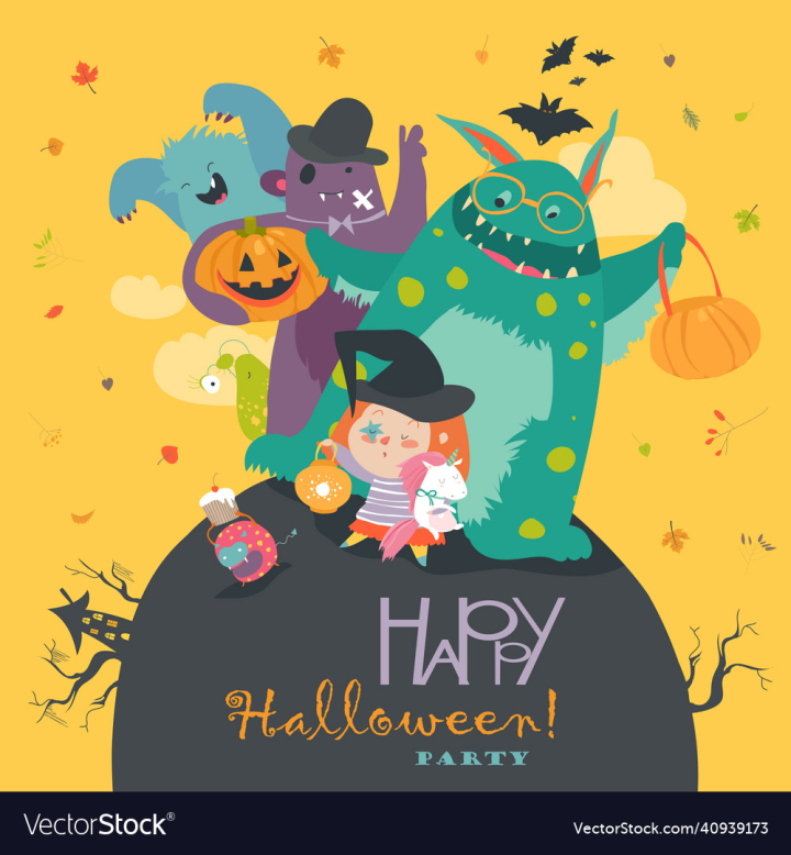 Halloween,Girl,Monster,Cute,Illustration,Vector,Celebration,Holiday,Unicorn,Friendship,October,Friends,Bat,Scary,Yellow,Magic,Leaves,Fall,Cartoon,Autumn,Horror,Happy,Teenage,Happiness,Kid,Night,Costume,Pumpkin,Creepy,Smile,Spooky,Ghoul,Fun,Group,Young,Heart,vectorstock