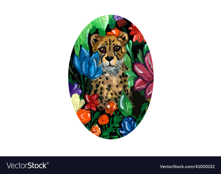 Cheetah,Wild,Tropical,Flowers,Muzzle,Orange,Eyes,Yellow,Cute,Forest,Monstera,Lily,Hydrangea,Oval,Colorful,Illustration,Dahlia,vectorstock