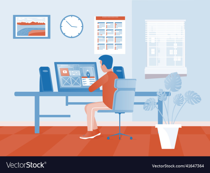 Work,Computer,Flat,Home,Illustration,Business,Character,Young,Job,Corporate,Concept,Desktop,Businessman,Employee,Online,Freelancer,Freelance,Vector,Happy,Man,Male,Internet,Background,Design,Laptop,Desk,Cartoon,Table,Technology,Office,Sitting,Professional,Programmer,Student,Modern,Workspace,Person,Workplace,Remote,People,Worker,vectorstock