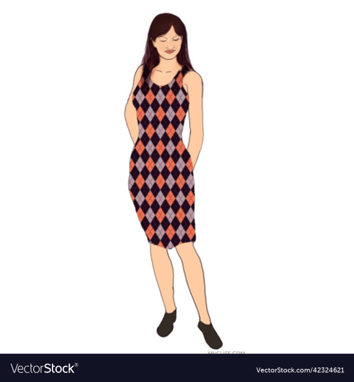 vectorstock,Long,Hair,Woman,Illustration,Standing,Checkers,Closed,Eyes