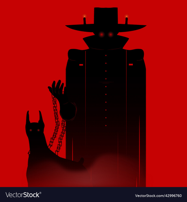vectorstock,Man,Shadow,Dog,Hat,Silhouette,Halloween,Chain,Animal,Scary,Fog,Frightening,Mist,Chained,Eyes,Flat,Background,Black,Red,People,Costume,Dark,Fear,Canine,Candles,Disturbing,Vector,Illustration,Trench,Coat