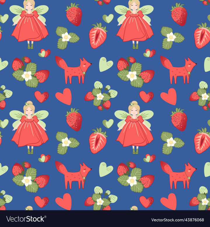 vectorstock,Children,Strawberries,Flowers,Fairy,Berries,Foxes,Seamless,Background,Wild,Red,Blue,Nature,Green,Cute,Heart,Tale