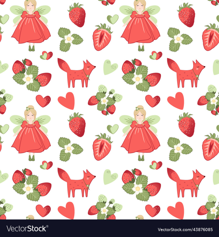 vectorstock,Forest,Children,Berries,Flowers,Fairy,Heart,Strawberries,Foxes,Seamless,Background,Wild,Red,Blue,Nature,Green,Cute,Tale