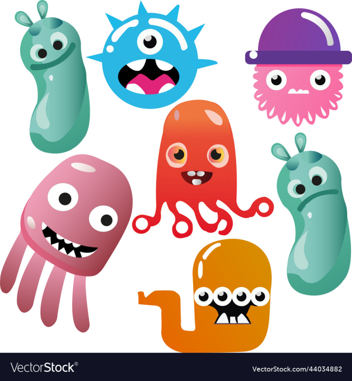 vectorstock,Cute,Funny,Set,Cartoon,Colorful,Monster,Happy,Icon,Fun,Animal,Character,Beast,Collection,Isolated,Devil,Alien,Vector,Illustration,Monsters,Toy,Smile,Worm,Octopus,Weird