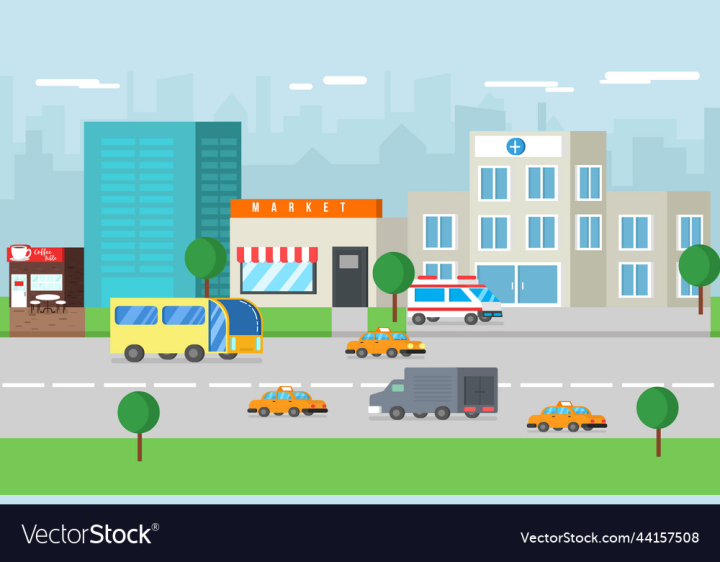vectorstock,Building,Landscape,Drive,Vehicles,Driving,City Life,Road,Street,City,Morning,Busy