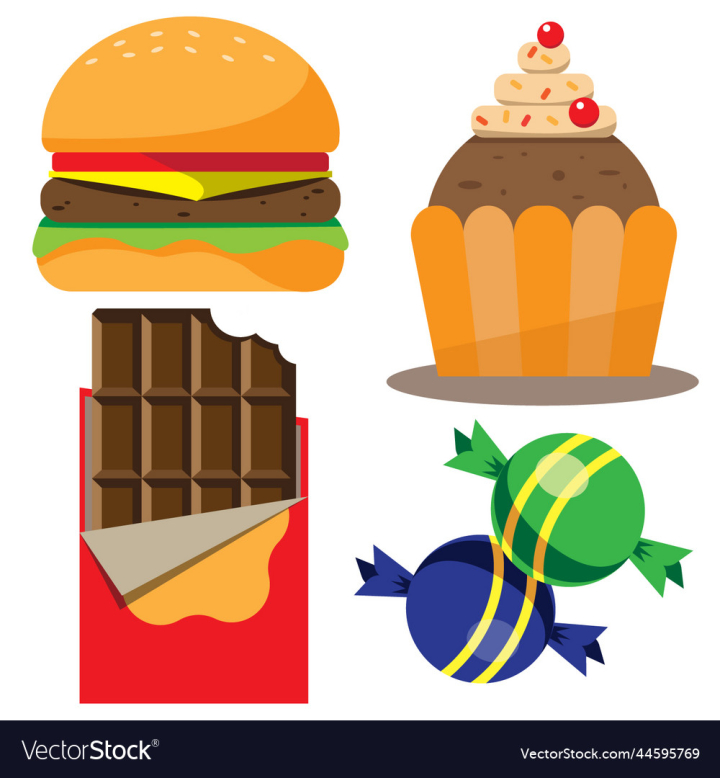 vectorstock,Food,Set,Unhealthy,Icon,Flat,Sweet,Candy,Chocolate,Cupcake,Fast,Junk,Illustration,Logo,Element,Collection,Delicious,Dish,Yummy,Bad,Bar,Bite