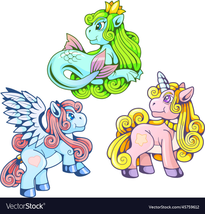 vectorstock,Cute,Pony,Animals,Set,Horse,Fantasy,Mermaid,Pegasus,Unicorn,Fairy,Tale,Design,Drawing,Cartoon,Funny,Illustration