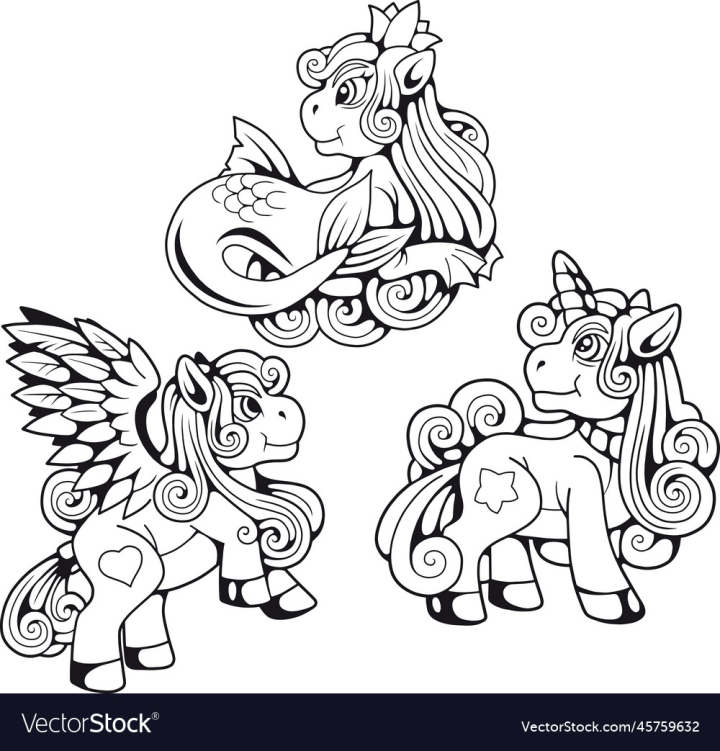 vectorstock,Cute,Pony,Animals,Set,Horse,Fantasy,Mermaid,Pegasus,Unicorn,Fairy,Tale,Design,Drawing,Cartoon,Funny,Illustration,Coloring,Book,Page