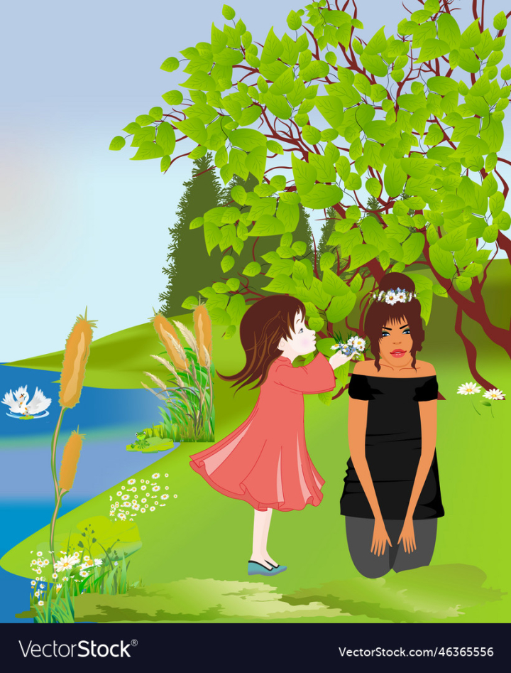 vectorstock,Mother,Mothers,Day,Person,People,Daughter,Tree,Girl,Flower,Blossom,Flowers,Scene,Park,Woman,Branch,Grass,Plants,Sky,Color,Child,Sun,Holiday,Meadow,Lake,Joy,Thanks,Children,Love,Hair,Feather,Dress,Eyes,Water,Clothes,Swan,Swim,Wings,Beak,Pond,Frog,Feathers,Motherhood,Reed,Illustration,Little,Swans