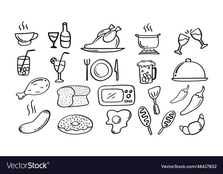 vectorstock,Icon,Food,Drink,Doodle,Sketch,Outline,Restaurant,Burger,Cafe,Cooking,Meal,Symbol,Set,Ingredient,Hamburger,Vector,Illustration,Fast,Coffee,Cup,Breakfast,Bread,Cake,Kitchen,Soup,Drawing,Pizza,Hand,Drawn