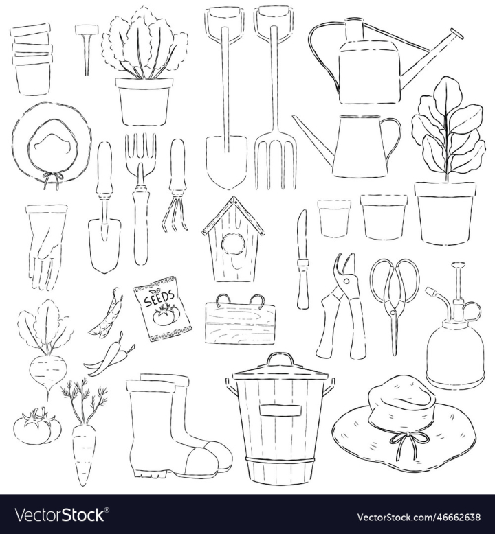 vectorstock,Drawn,Hand,Element,Tool,Icon,Drawing,Garden,Nature,Cartoon,Object,Doodle,Farm,Gardening,Collection,Set,Equipment,Isolated,Botanical,Bucket,Graphic,Vector,Illustration,Sketch,Outline,Seed,Plant,Work,Spring,Pot,Symbol,Shovel