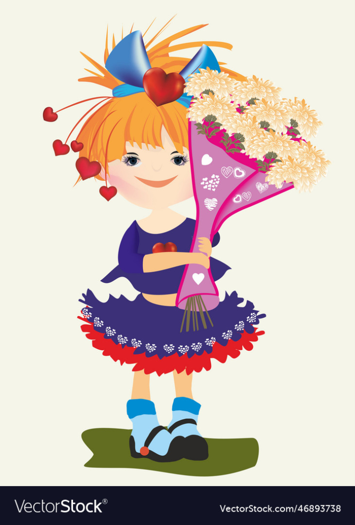 vectorstock,Flower,Girl,Flowers,Red,Color,Child,Bouquet,Heart,Smile,Thanks,Wishes,Illustration,Thank,You,Mothers,Day,Face,Hair,Grass,Dress,Eyes,Joy