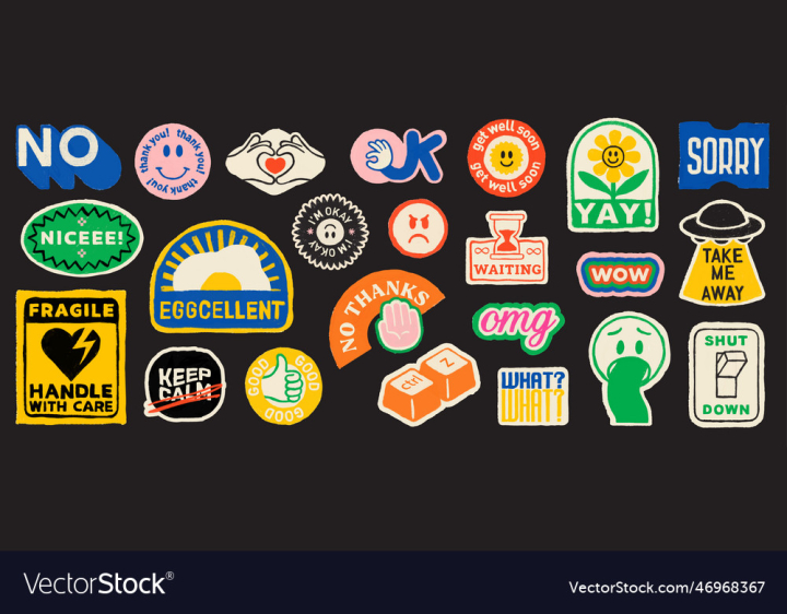vectorstock,Icon,Stamp,Badge,Pin,Sticker,Vector,Illustration,Color,Pencil,Fragile,Egg,Symbol,Emoticon,Emoji,Smiley,Face,Graphic,Elements,Colour,Retro,Nice,Heart,Good,Messages,Wow,Ok,Yay